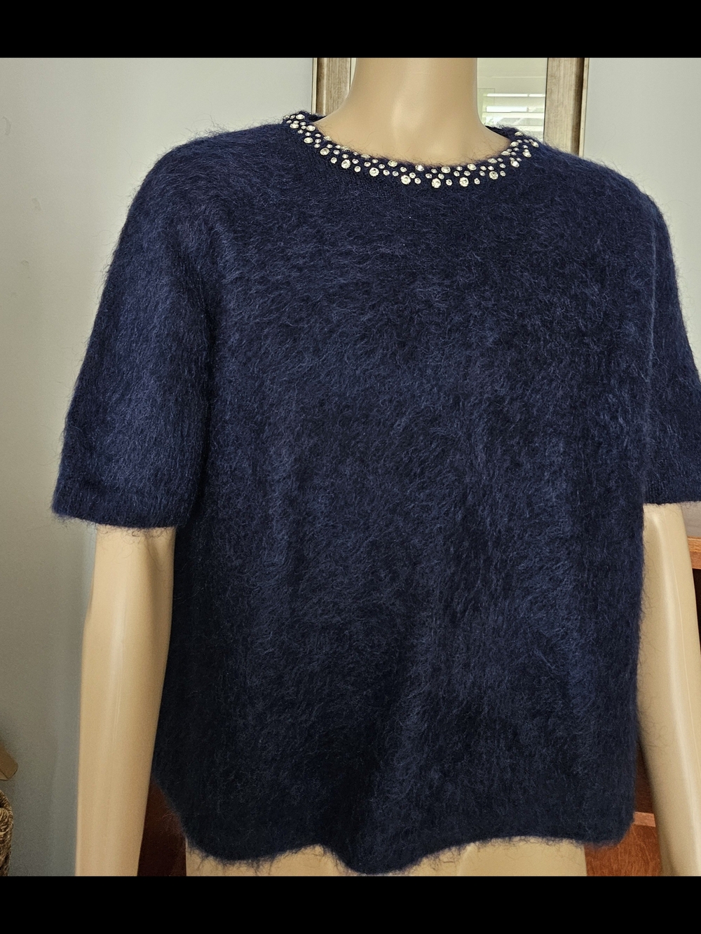 H&M Dark Blue Jewel-Neck Short Sleeve Mohair/Wool Blend Sweater